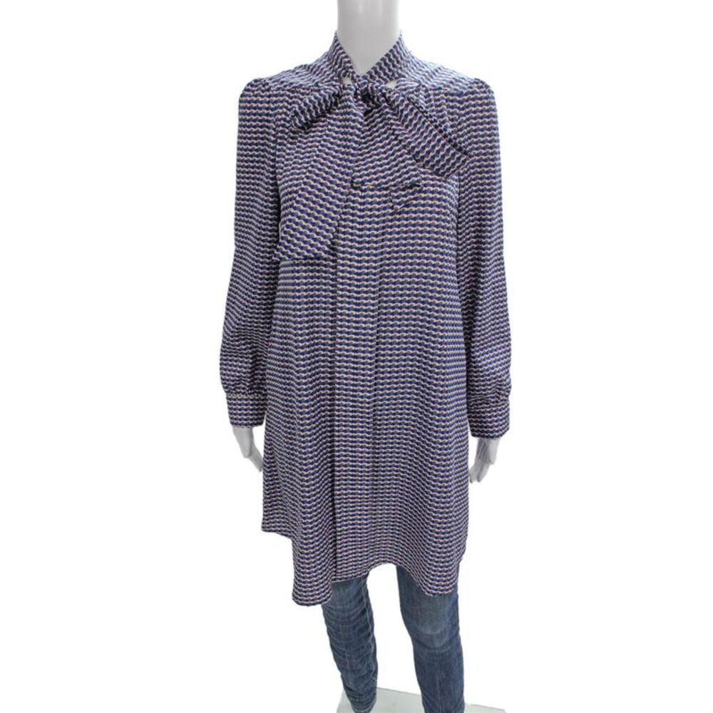 CeCe by Cynthia Steffe Women Tunic Button Up Blue Geometric Long-Sleeve Size 4